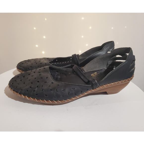 Rieker Perforated Leather Mary Jane Low Wedge Womens Size 41 US 9 Black Shoes - Picture 1 of 12